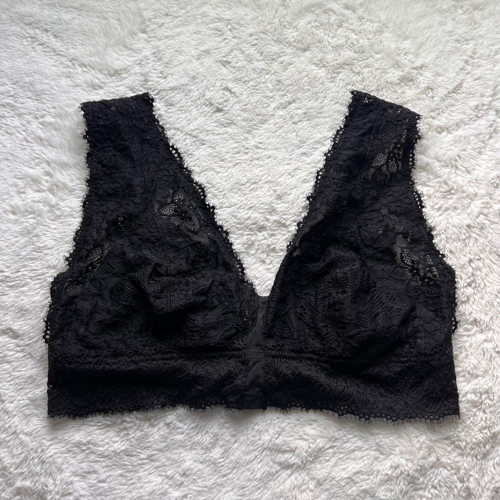 Aerie Real Good Black Floral Lace V-Neck Bralette Adjustable Straps Large Summer